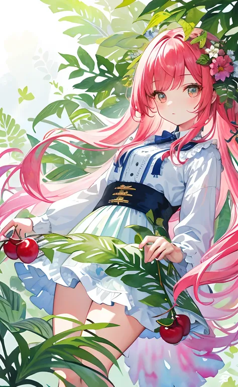 ((ultra - detailed),#3b4195 background,beautiful  flowers, cherries,fern,foliage,Watercolor pattern in calm colors),(Watercolor texture), ((1girll),ultra long detailed hair,adorable),((super detailed), #3b4195 background, beautiful flowers, cherries, ferns...