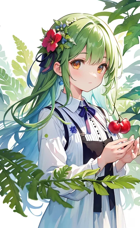 ((ultra - detailed),#3b4195 background,beautiful  flowers, cherries,fern,foliage,Watercolor pattern in calm colors),(Watercolor texture), ((1girll),ultra long detailed hair,adorable),((super detailed), #3b4195 background, beautiful flowers, cherries, ferns...