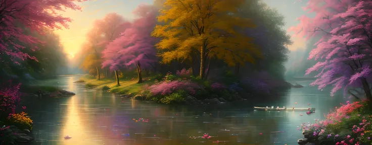 masterpiece, best quality, high quality,extremely detailed CG unity 8k wallpaper, An enchanting and dreamy scene of a river side village,boat in the water, with towering trees, glowing Mary gold flowers, and hidden fairy glens, creating a sense of mystique...