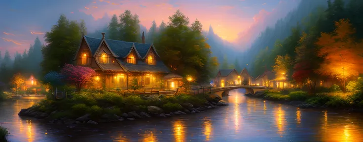 masterpiece, best quality, high quality,extremely detailed CG unity 8k wallpaper, An enchanting and dreamy scene of a river side village,boat in the water, with towering trees, glowing Mary gold flowers, and hidden fairy glens, creating a sense of mystique...