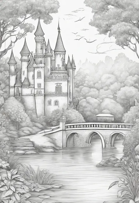 coloring page This drawing must have a 6-year-old princess A magical castle in an enchanted forest with a bridge and a lake, com coelhos e borboletas