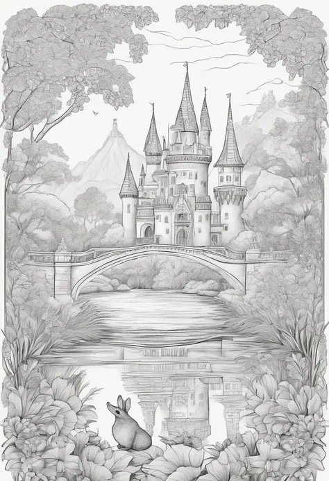 coloring page This drawing must have a 6-year-old princess A magical castle in an enchanted forest with a bridge and a lake, com coelhos e borboletas