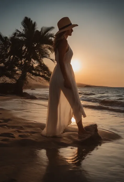 Estilo: Ambiente mal-humorado foto ampla de uma garota deslumbrante na praia | Gender: Filme noir | EMOTION: felicidade azul e laranja | cena: menina deslumbrante, 25 anos, Usando um top decotado, grandes bustos, muito sexy, cabelos ondulados, symmetric ey...