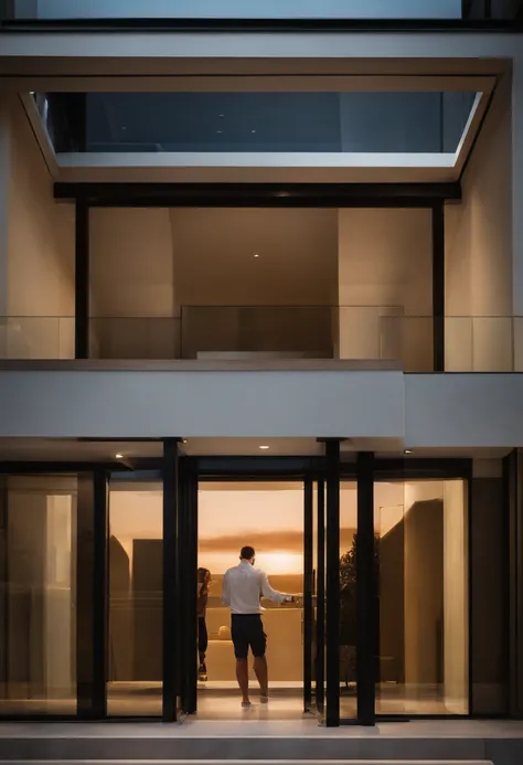 A resident is standing in front of the condominium entrance. Hes holding an easy-to-read device, um aparelho com uma tela de alto contraste. The resident is wearing light-toned clothing and carries a backpack over his right shoulder. Hes standing in front ...