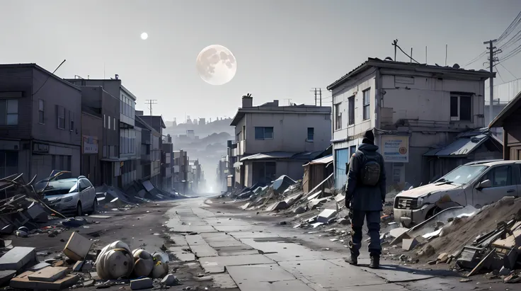 Arafeld men walk the streets of the city，The background is the full moon。, city street on the moon, street moon landscape, lunar busy street, in a post apocalyptic city, Post-apocalyptic San Francisco, in a post apocalyptic setting, Post-apocalyptic street...