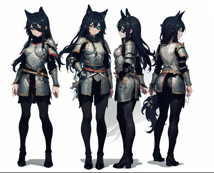 1girl, reference sheet, matching outfit, (fantasy character design, front angles, side angles, rear angles) Alistair, Demi-Human character design. Lithe and agile frame, feminine appearance. Striking emerald eyes with a mischievous glint, gemstone eye patc...