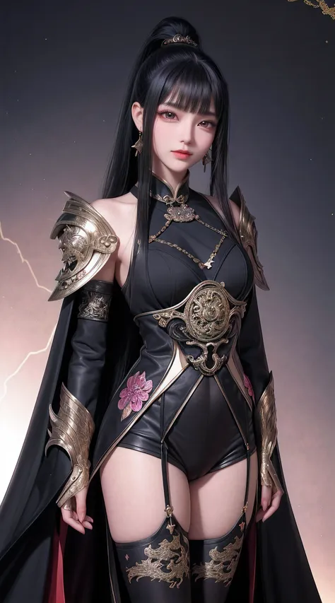 china,dark big oriental eyes,black long hair gathered in a chinese ponytail,leather cloak, with metal shoulder pads,scatters sta...