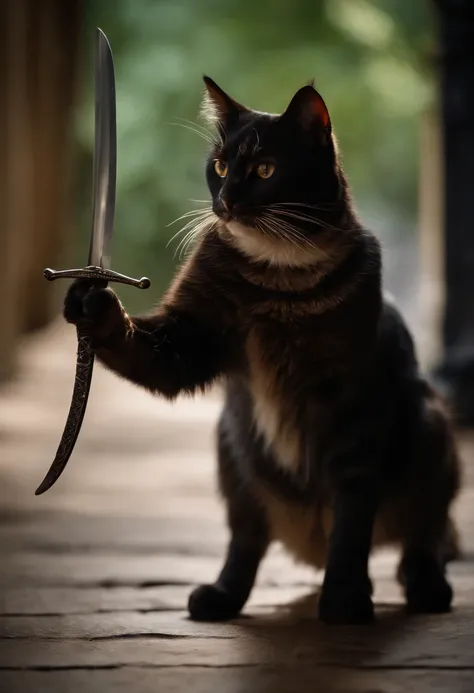 um gato com espadas pulando num abismo