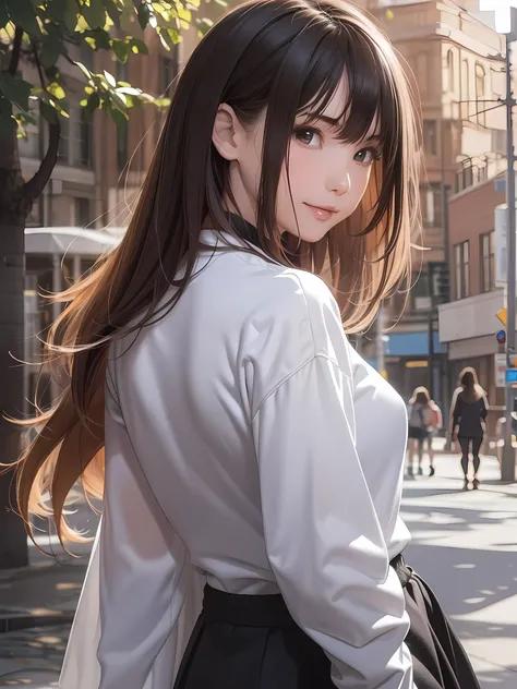 (1girl:1.3), (photorealistic:1.4), (masterpiece, top quality, best quality, official art), extreme detailed, highest detailed, (ultra-detailed), ((an extremely delicate and beautiful)), cinematic light, contemporary, silky long hair, (brown hair), she Walk...