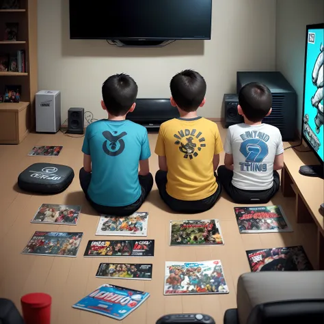 Two young boys sitting in front of the TV, Video game controller in hand, jogando video-game, TV screen showing game, posteres de jogos e bandas de rock nas paredes, comic books scattered on the floor, Third-person view from behind, estilo comics