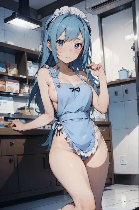 masterpiece, best qualiy, extremely detailed, 1girl,digital art, embarassed, (miwakasumi),naked, (wearing nude_kitchen_apron),sensual, no_clothes, BREAK standing, blunt_bangs, light_blue_hair, long hair, puffy, night, sensual, lewd, lascive, defined curves...