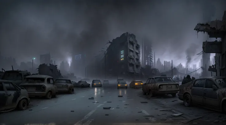 cars are parked on the side of a road in a city, photorealistic dark concept art, post - apocalyptic city streets, dark cinematic concept art, destroyed city in the background, resident evil virus concept art, digital concept art of dystopian, apocalyptic ...