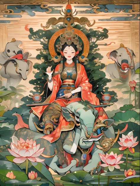 an ancient Chinese goddess, guanyin of the southern seas, Guanyin, Inspired by India, Avalokiteshvara rides an elephant，,Serene expression,shui mo hua,Buddha,Buddhist,Lotus,Chinese painting style,Thangka style