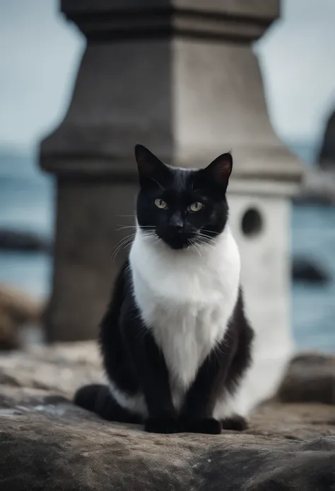 Black cat with white sitting on a rock in front of a seawall