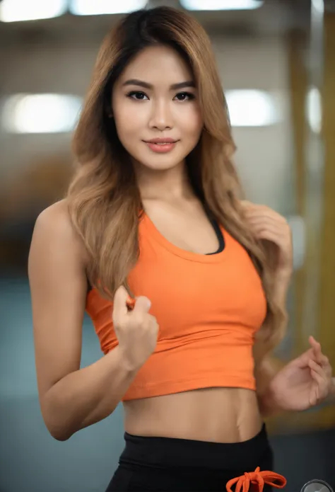 (((thai girl))), thin face, natural tan skin, wearing yoga pants, charming black hair, ((hair is blonde)), gym background, age 22