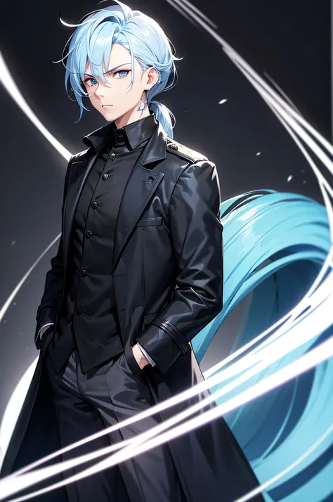 8k, best quality, masterpiece, expressive clothing, expressive hair, expressive background, 1 male, blue pony-tail hair, blue eyes, black trench coat, white shirt, black pants, adult, serious, hands in pocket