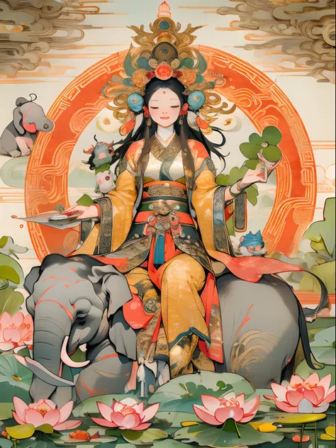 an ancient Chinese goddess, guanyin of the southern seas, Guanyin, Inspired by India, Avalokiteshvara rides an elephant，,Serene expression,shui mo hua,Buddha,Buddhist,Lotus,Chinese painting style,Thangka style