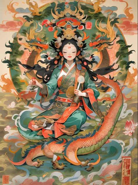 an ancient Chinese goddess, guanyin of the southern seas, Guanyin, Inspired by India, Avalokiteshvara rides a dragon，,Serene expression,shui mo hua,Buddha,Buddhist,Lotus,Chinese painting style,Thangka style