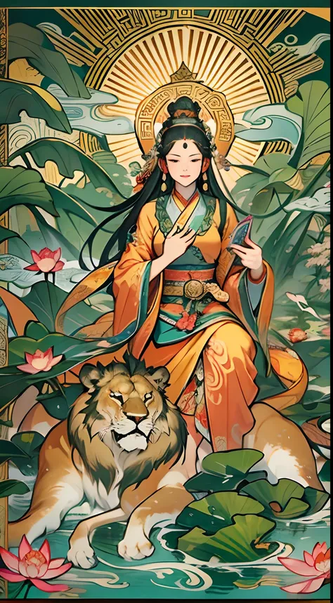 an ancient Chinese goddess, guanyin of the southern seas, Guanyin, Inspired by India, Avalokiteshvara rides a lion，,Serene expression,shui mo hua,Buddha,Buddhist,Lotus,Chinese painting style,Thangka style