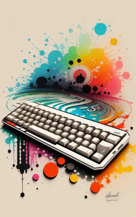 Theres a computer keyboard with a colorful splash of paint on it, in illustration style digital, Artistic illustration, arte digital colorida, arte digital expressiva, estilo de arte digital, arte do Adobe Illustrator, intrincada pintura digital, arte digi...