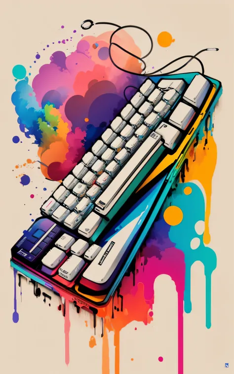 Theres a computer keyboard with a colorful splash of paint on it, estilo de arte big tech, in illustration style digital, em estilo de pintura digital, pintura por computador, Hand Painted Style, color digital illustration, estilo de arte impressionante, g...