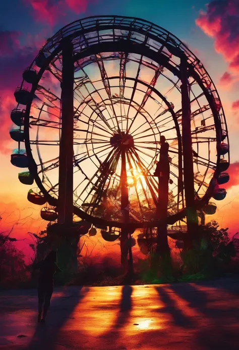 A man and his girlfriend in an abandoned amusement park, sun sunset, You only see silhouettes of the man and the woman, colorful,(masterpiece, best quality, high quality, highres, ultra-detailed),