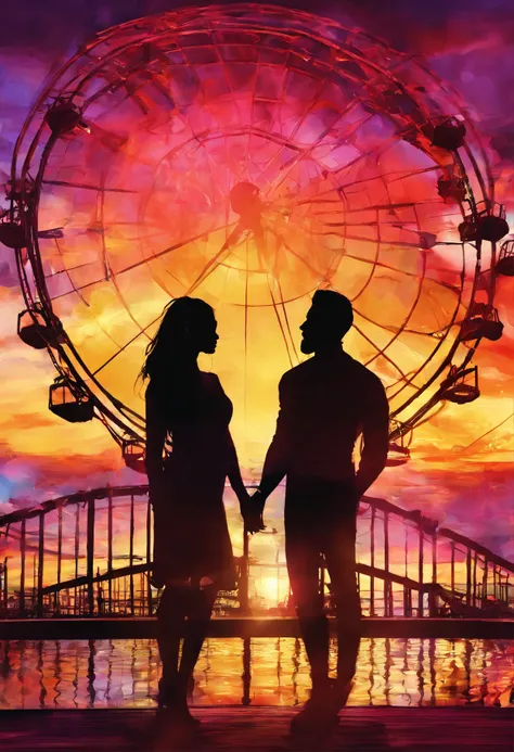 A man and his girlfriend in an abandoned amusement park, sun sunset, You only see silhouettes of the man and the woman, colorful,(masterpiece, best quality, high quality, highres, ultra-detailed),