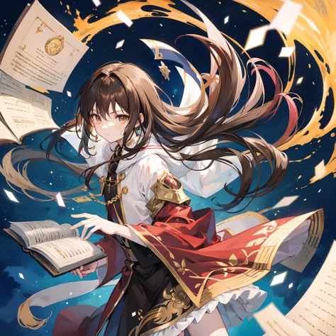 anime boy,long brown hair,golden eyes,old tarted robes,a floating book besides him