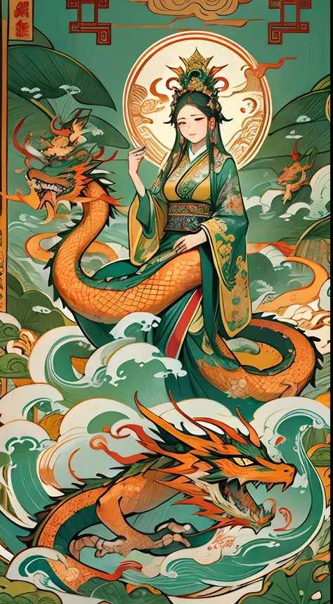 an ancient Chinese goddess, guanyin of the southern seas, Guanyin, Inspired by India, Avalokiteshvara rides a dragon，,Serene expression,shui mo hua,Buddha,Buddhist,Lotus,Chinese painting style,Thangka style