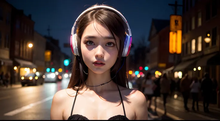 beautiful girl, 13 years old, tiny dress, dark tights, listening to music in headphones, lyrics around her head, hyperrealistic, best quality, high resolution, 8k, HDR