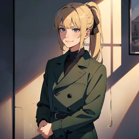 1 little boy, blonde man, hair in a ponytail, Long Split Bangs, gray eyes, black turtleneck, green coat, smirk, (Rich in detail), tmasterpiece, 独奏,illumination,Light,dinamic angle,Depth of field,light and shadow, Real Light and Shadow, diffuse reflection, ...