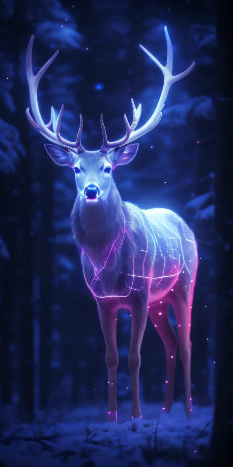 a close up of a deer with glowing antlers in a forest, 3d digital art 4k, digital art animal photo, digital artwork 4 k, holographic creatures, 4k highly detailed digital art, 8k high quality detailed art, 4k detailed digital art, 8 k ultra realistic anima...