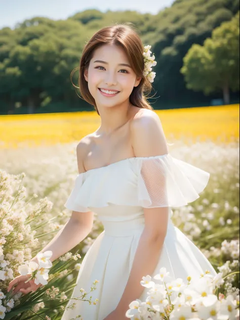 Best quality, masterpiece, ultra high res, (photorealistic:1.4), raw photo, 1girl, white dress, off shoulder, blossom flower field, glowing skin, light smile