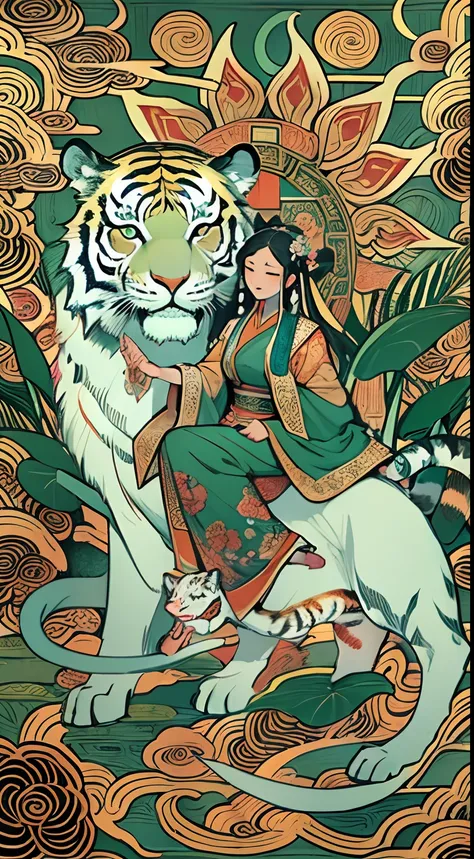 an ancient Chinese goddess, guanyin of the southern seas, Guanyin, Inspired by India, Avalokiteshvara rides a tiger，,Serene expression,shui mo hua,Buddha,Buddhist,Lotus,Chinese painting style,Thangka style