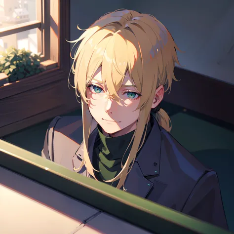 1 boy, blonde man, hair in a ponytail, Long Split Bangs, gray eyes, black turtleneck, green coat, smirk, (Rich in detail), tmasterpiece, 独奏,illumination,Light,dinamic angle,Depth of field,light and shadow, Real Light and Shadow, diffuse reflection, Outstan...