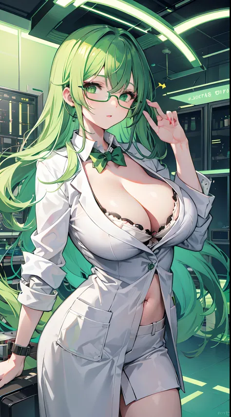 1girl, green hair, green eyes, big boobs, glasses, laboratory, lab coat, toxic, serum