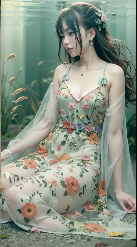 Female pervert，Meditation sitting，Partial underwater photography，BestWorks，Floral pattern sheer dress：1.4，String Camisole Dress：1.5