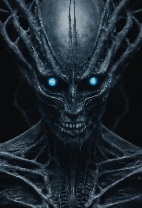 Photographic still of an alien, blue glowing eyes, translucent skin, teeth dripping,, veins showing beneath its skin, dark, onimous