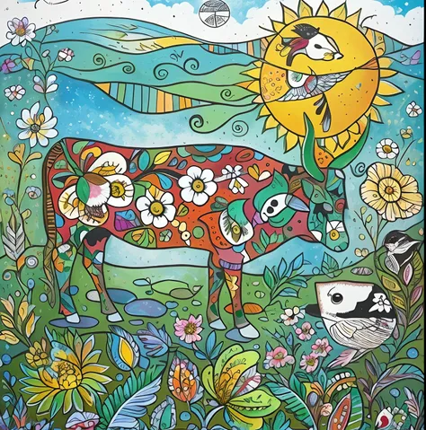 Painting of a cow in a field with flowers and a bird, Arte popular mexicana, pintura dital, pintura detalhada", pintura nacre, bucolic, Directed by: Nancy Carline, muralismo mexicano ) Ravi Supa, native american folk art, estilo de arte popular tradicional...