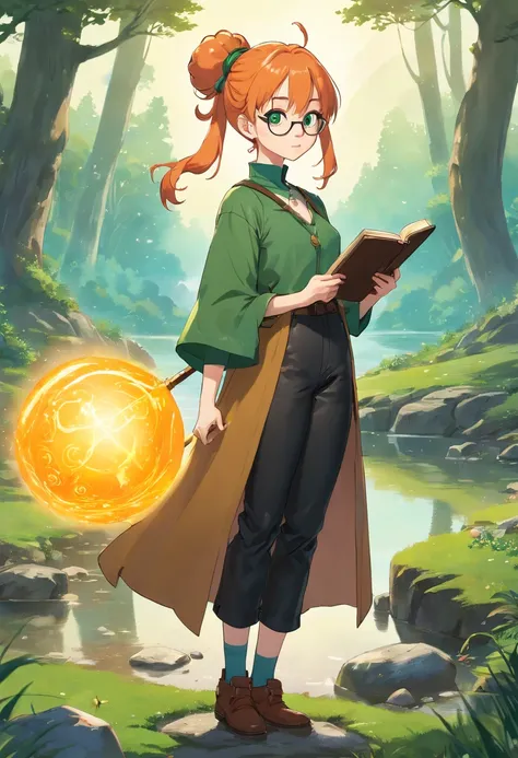 make me a drawing of a 20 year old female with orange hair tied in a messy bun, pale white skin with green eyes and big round rimmed glasses. Has a thin yet somewhat athletic build. Wearing a green wizard robe and green pointy witch hat. Shes holding a lon...