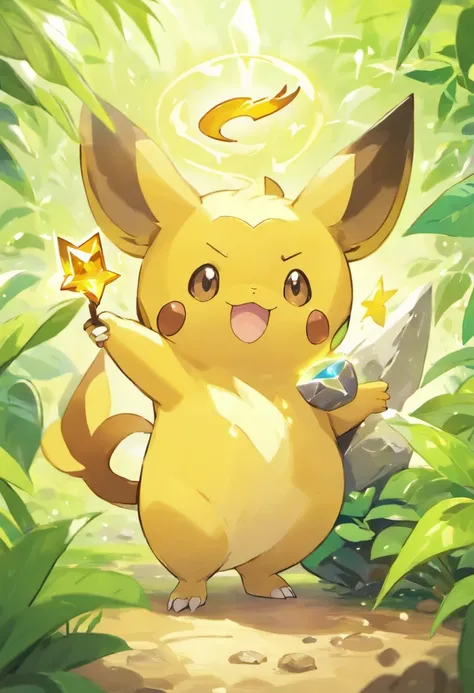 raichu, holding a thunderstone, ((work of art)), on a plant battlefield, right behind ash ketchuem giving an order to Pokémon,((high definition)),((4K))