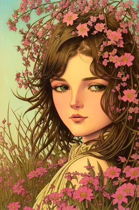 ((beste-Qualit)), ((tmasterpiece)), ((Realistic)), 1 young girl, flower field, Colorful, Vintage IMPROVISATION, Feminine Pose, (Perfect skin), Complicated details, Extremely detailed, Raw, HDR, ((in the style of Carlos-Schwabe:0,5/Karl-Larsson:0,5)), 8K