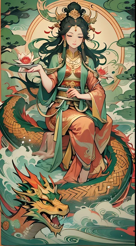 an ancient Chinese goddess, guanyin of the southern seas, Guanyin, Inspired by India, Avalokiteshvara rides a dragon，,Serene expression,shui mo hua,Buddha,Buddhist,Lotus,Chinese painting style,Thangka style