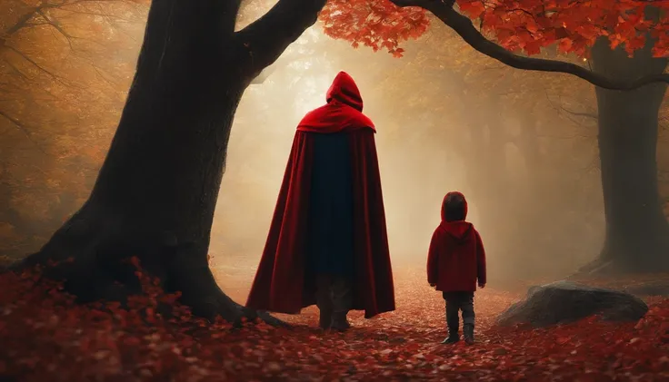 a man wearing a hood and a red cape wearing a heros uniform saved a small child who was about to fall out of a tree.