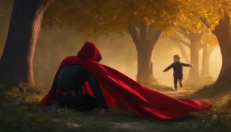 a man wearing a hood and a red cape wearing a heros uniform saved a small child who was about to fall out of a tree.