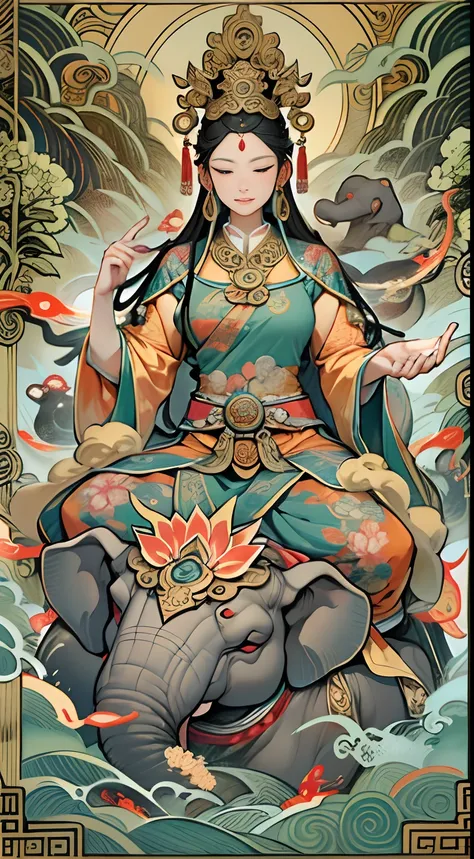 an ancient Chinese goddess, guanyin of the southern seas, Guanyin, Inspired by India, Avalokiteshvara rides an elephant，,Serene expression,shui mo hua,Buddha,Buddhist,Lotus,Chinese painting style,Thangka style