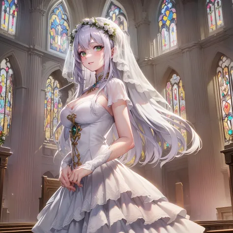 (Highly detailed CG Unity 8k wallpaper, masterpiece, top quality)　(Perfectly proportioned hands with one thumb and four fingers) (Adult woman in her early twenties wearing a pure white wedding dress with dense lace) (Shiny silver hair, long hairstyle) Perf...