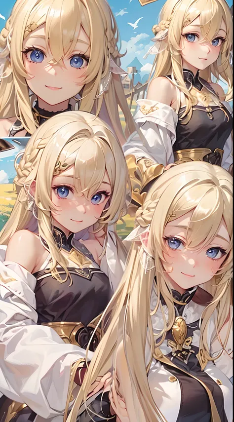 1girll，(Long fluffy blonde hair:1.6)，Knights suit，Mature female，Rich and noble families，full bodyesbian，pastures，ride horse，ssmile, V-shaped eyebrows，Almost fell，Time is at night，looking at viewert，Ultra-detailed CG，Exquisite facial features，Clear facial e...