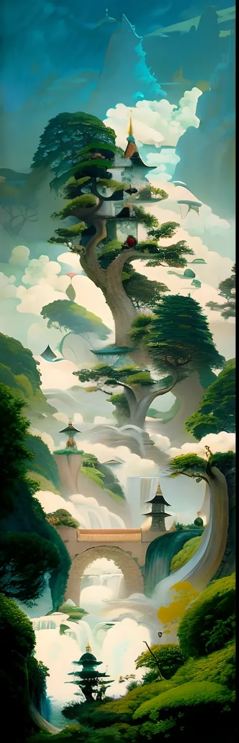 painting of a cliff with a tree in the foreground, Silvain Sarrailh, made of tree and fantasy valley, Andreas Rocha e John Howe, Terras flutuantes nas nuvens, arte de fantasia altamente detalhada, intrincada pintura de arte conceitual, Directed by: Raymond...