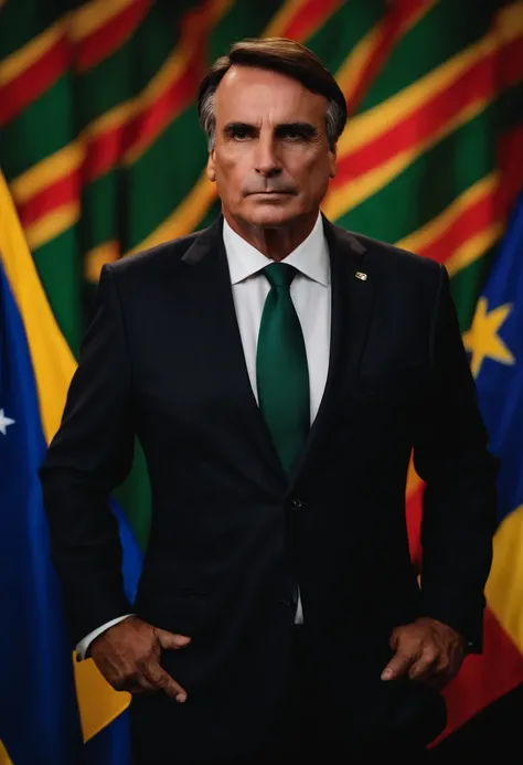 Man in suit and tie standing in front of a flag, jair bolsonaro, bolsonaro, Presidente do Brasil, Directed by: Fernando Gerassi, imagem frontal, frontal, Beto Val, Olivia de Bernardinis, sao paulo